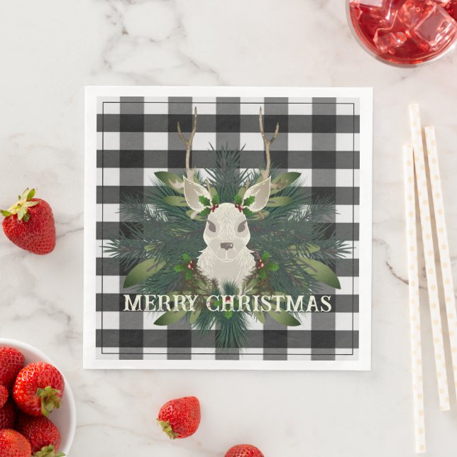 Buffalo Plaid Festive Reindeer Christmas Napkin (Insitu)