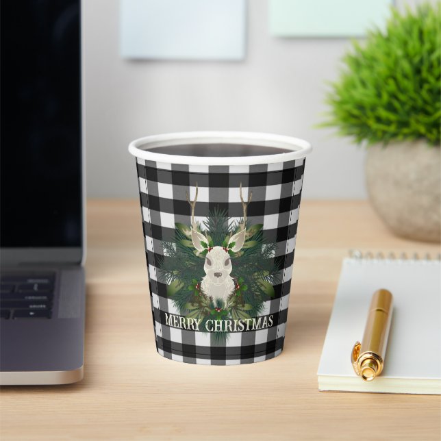 Buffalo Plaid Festive Reindeer Christmas Paper Cups (Insitu)