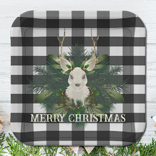 Buffalo Plaid Festive Reindeer Christmas Paper Plate