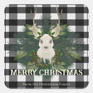 Buffalo Plaid Festive Reindeer Christmas Square Sticker