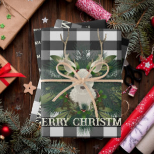Buffalo Plaid Festive Reindeer Christmas Wrapping Paper Sheet
