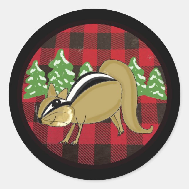 Buffalo Plaid Forest Chipmunk Round Sticker (Front)