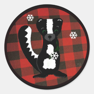 Buffalo Plaid Forest Skunk Holiday Round Sticker