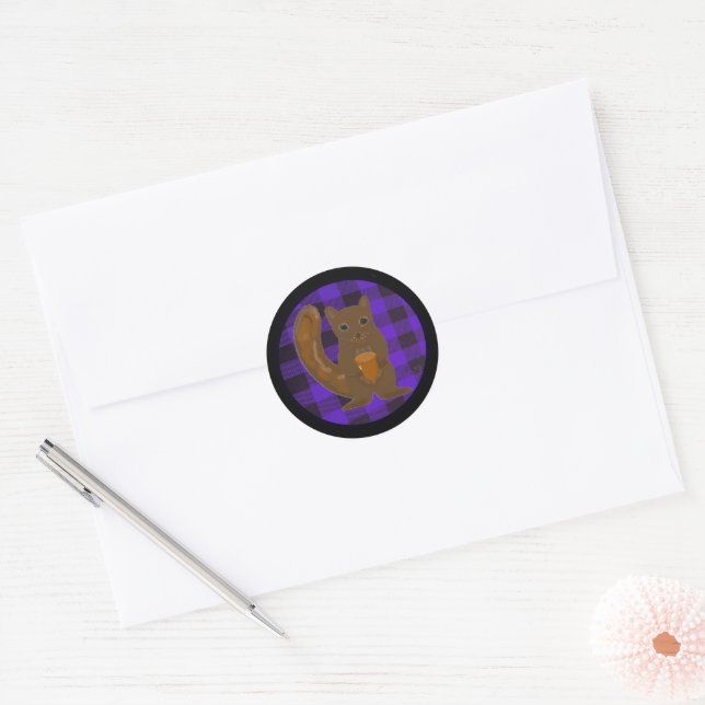 Buffalo Plaid Forest Squirrel Purple Round Sticker (Envelope)