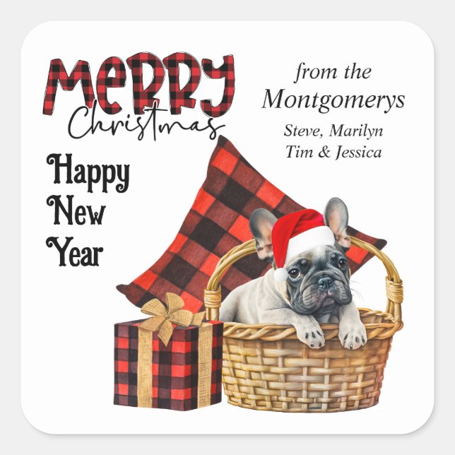 Buffalo Plaid French Bulldog Puppy Christmas Square Sticker (Front)