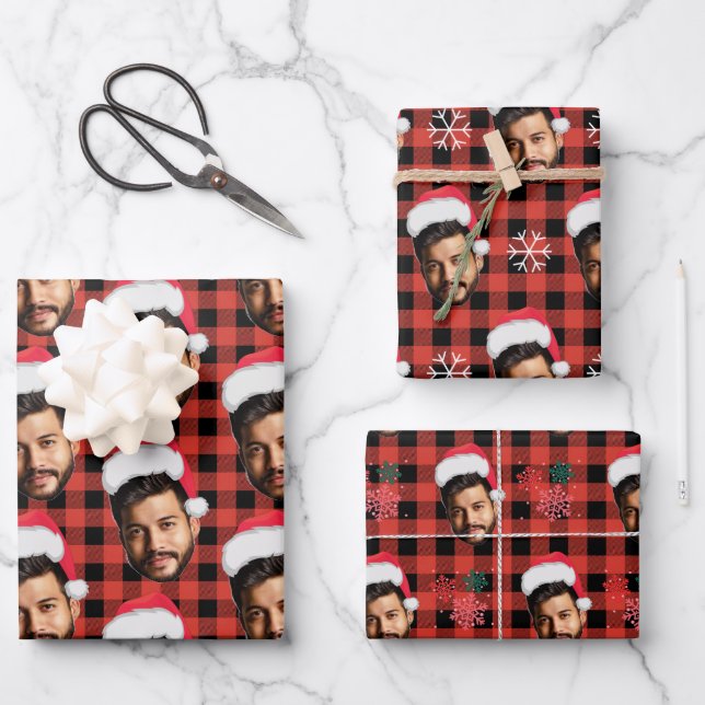 Buffalo Plaid & Funny Face Photo Santa Christmas  Wrapping Paper Sheet (Front)