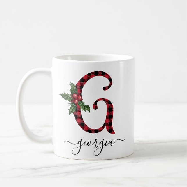 Buffalo Plaid G Monogram Christmas Coffee Mug (Left)