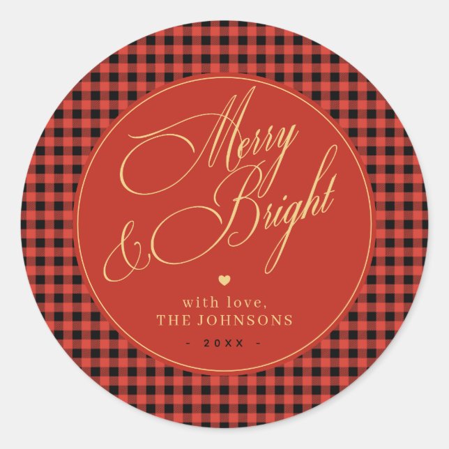 Buffalo Plaid Gingham Red Check Merry and Bright Classic Round Sticker (Front)