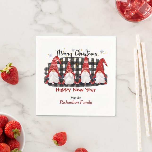 Buffalo Plaid Gnome Christmas Greeting Napkin (Insitu)