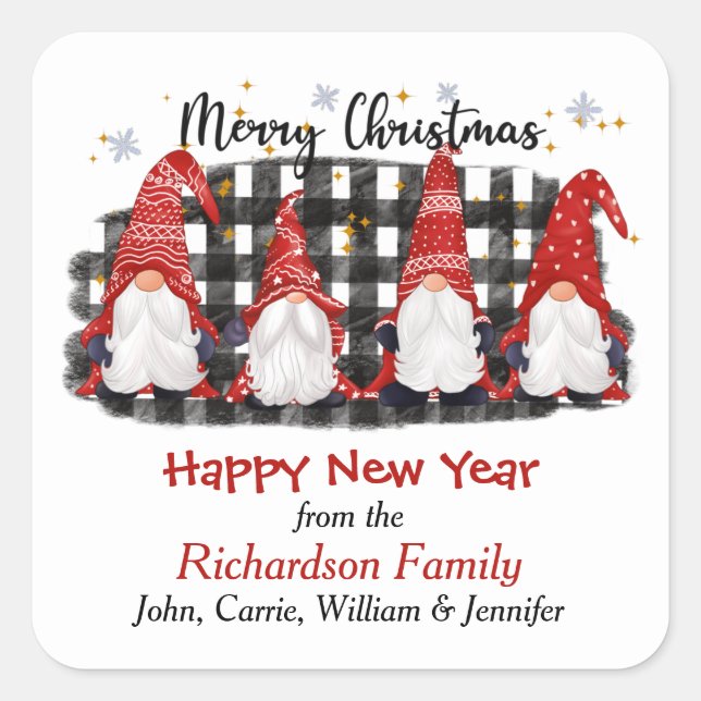 Buffalo Plaid Gnome Christmas Greeting Square Sticker (Front)