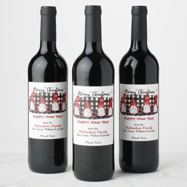 Buffalo Plaid Gnome Christmas Greeting Wine Label (Bottles)
