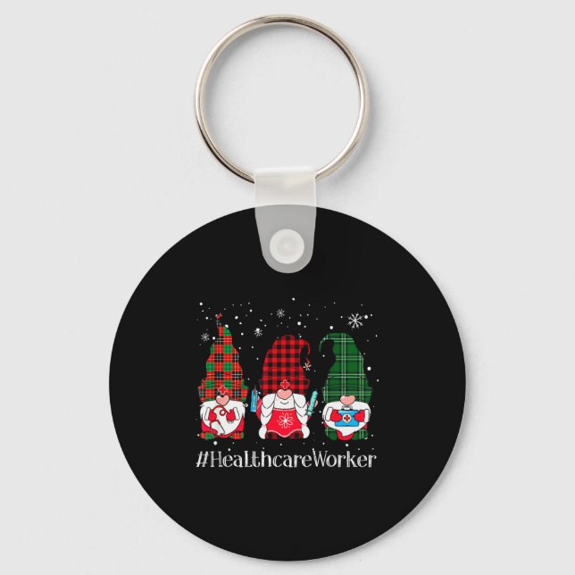Buffalo Plaid Gnome Healthcare Worker Nurse Christ Key Ring (Front)