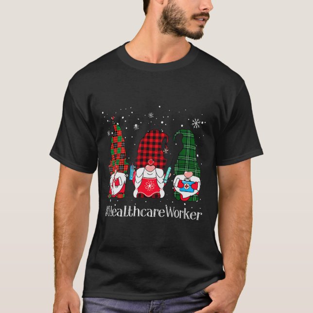 Buffalo Plaid Gnome Healthcare Worker Nurse Christ T-Shirt (Front)