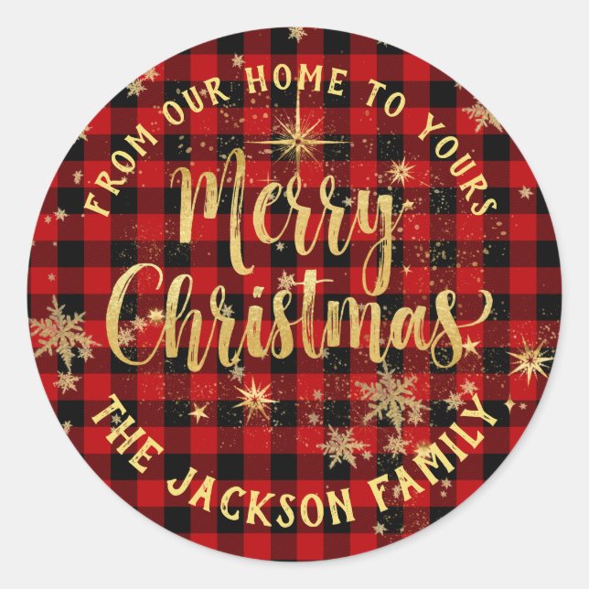 Buffalo Plaid Gold Calligraphy Merry Christmas Classic Round Sticker (Front)