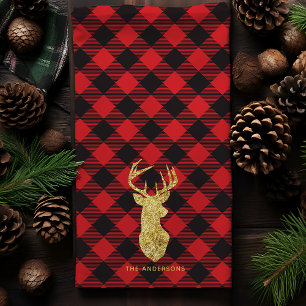 Buffalo Plaid Gold Deer Christmas Tea Towel
