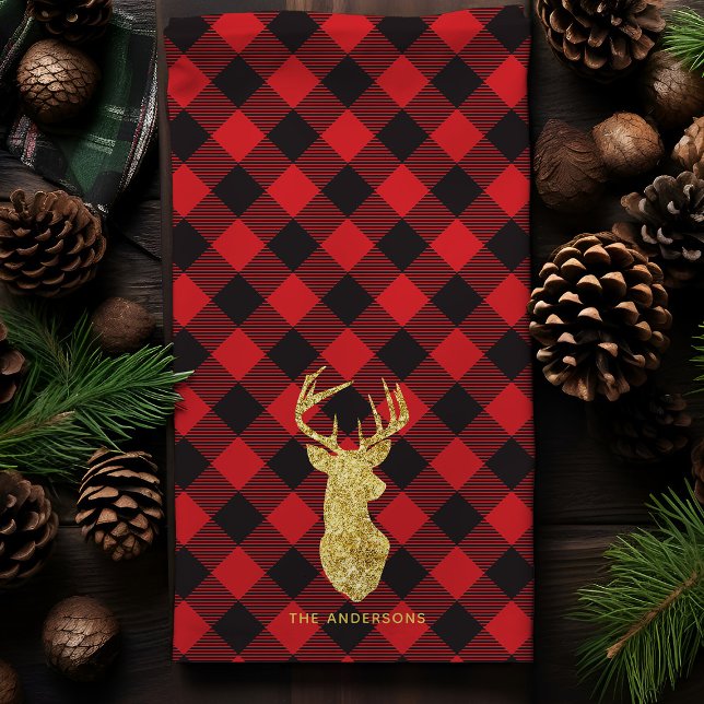 Buffalo Plaid Gold Deer Christmas Tea Towel (Creator Uploaded)