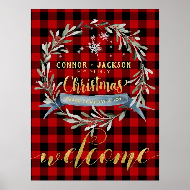 Buffalo Plaid Gold Script Christmas Welcome Poster (Front)