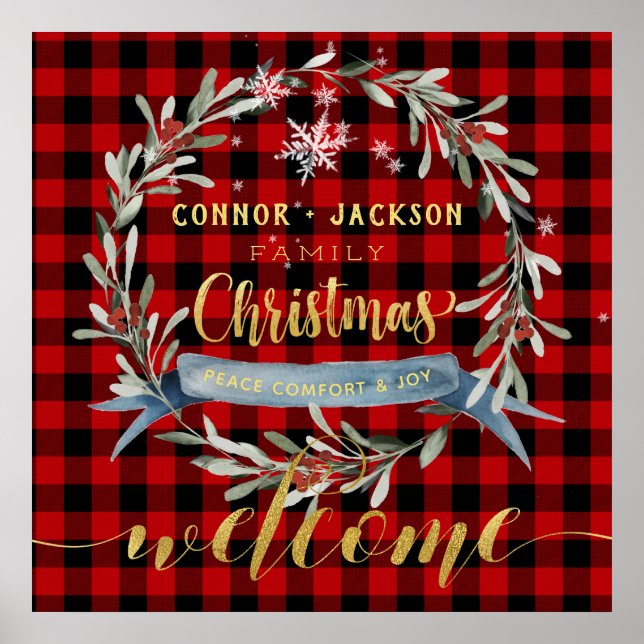 Buffalo Plaid Gold Script Family Christmas Welcome Poster (Front)