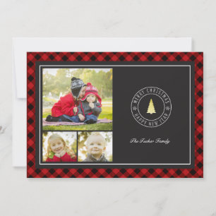 Buffalo Plaid & Gold Tree Christmas 3 Photo Holiday Card