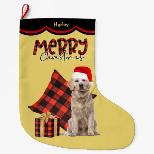 Buffalo Plaid Golden Retriever Dog Large Christmas Stocking