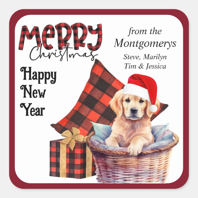 Buffalo Plaid Golden Retriever Puppy Christmas Square Sticker (Front)