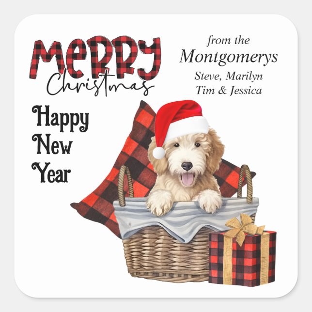 Buffalo Plaid Goldendoodle Puppy Christmas Square Sticker (Front)
