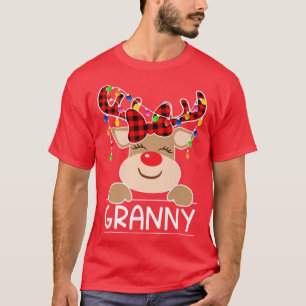 Buffalo Plaid Granny Reindeer Christmas Light Fami T-Shirt