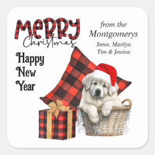 Buffalo Plaid Great Pyrenees Puppy Holiday Square Sticker