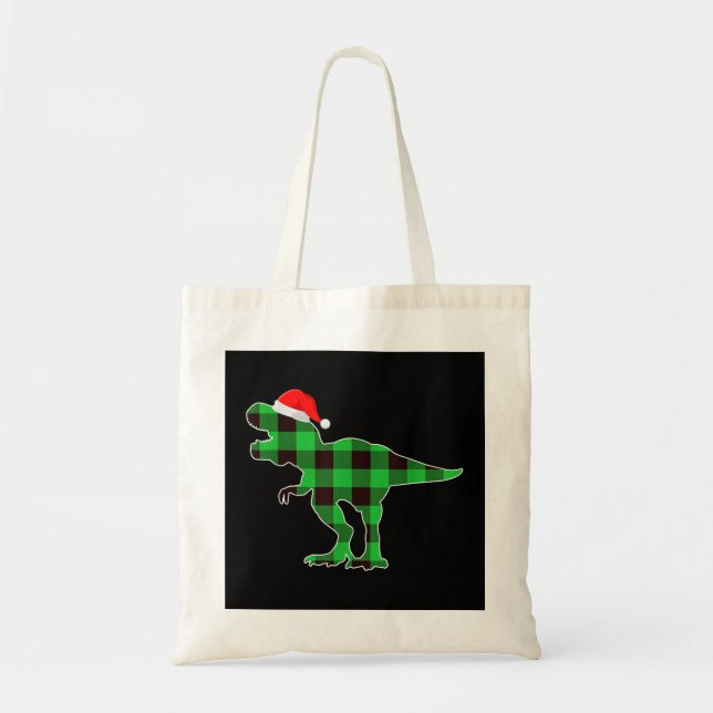 Buffalo Plaid Green Dinosaur T Rex Funny Christmas Tote Bag (Front)