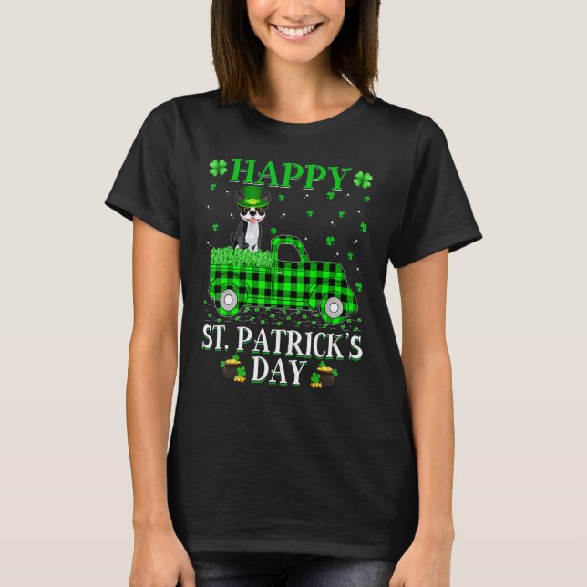 Buffalo Plaid Green Truck Boston Terrier Dog St Pa T-Shirt (Front)