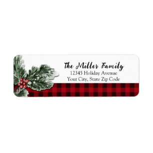 Buffalo plaid greenery holiday return address label