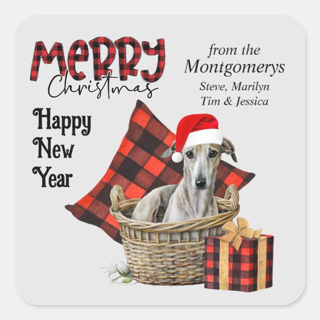 Buffalo Plaid Greyhound Puppy Christmas Square Sticker (Front)