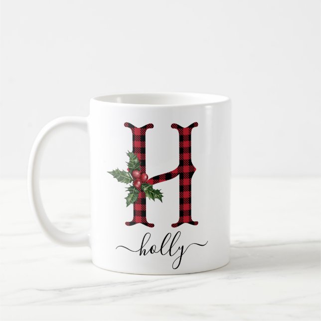 Buffalo Plaid H Monogram Christmas Coffee Mug (Left)