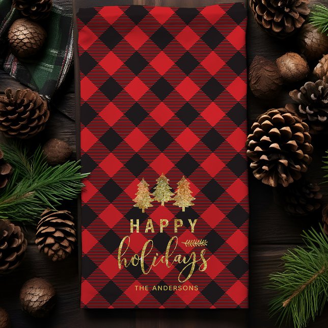 Buffalo Plaid Happy Holidays Personalised  Tea Towel (Creator Uploaded)