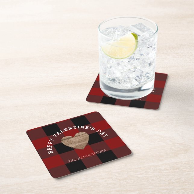 Buffalo Plaid Heart Valentines Day Personalised Square Paper Coaster (Insitu)