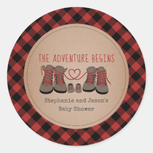 Buffalo Plaid Hiking Boots Adventure Baby Shower Classic Round Sticker