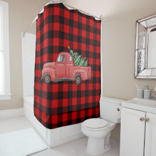 Buffalo Plaid Holiday Christmas Truck Shower Curtain
