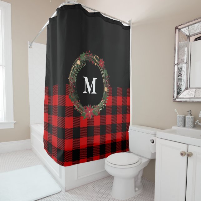 Buffalo Plaid Holiday Monogram Wreath Shower Curtain (In Situ)