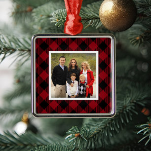 Buffalo Plaid Holiday Photo Metal Tree Decoration