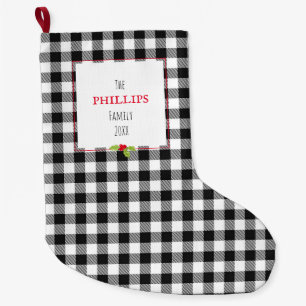 Buffalo Plaid Holly Holiday Family NAME Festive Large Christmas Stocking