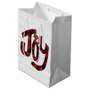 Buffalo Plaid Joy On Whitewashed Wood Medium Gift Bag