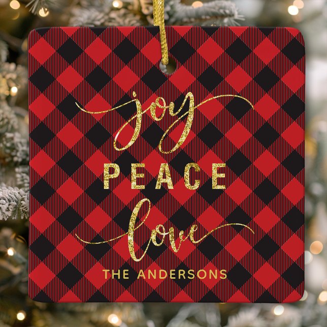 Buffalo Plaid Joy Peace Love Monogram Christmas Ceramic Ornament (Creator Uploaded)