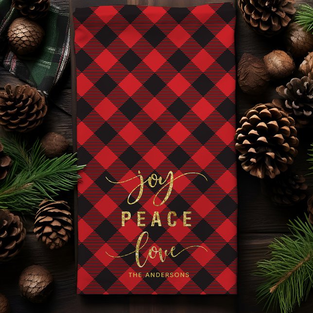 Buffalo Plaid Joy Peace Love Monogram Christmas Tea Towel (Creator Uploaded)