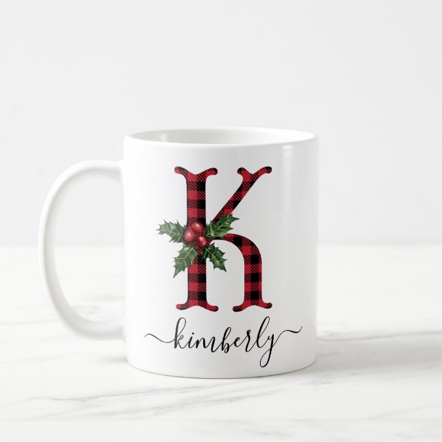 Buffalo Plaid K Monogram Christmas Coffee Mug (Left)