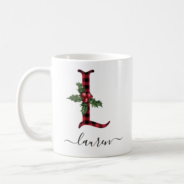Buffalo Plaid L Monogram Christmas Coffee Mug (Left)