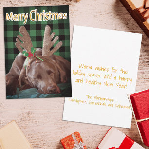 Buffalo Plaid Labrador Wearing Antlers Photograph Holiday Card