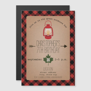 Buffalo Plaid Lantern Camping Birthday Magnetic Invitation