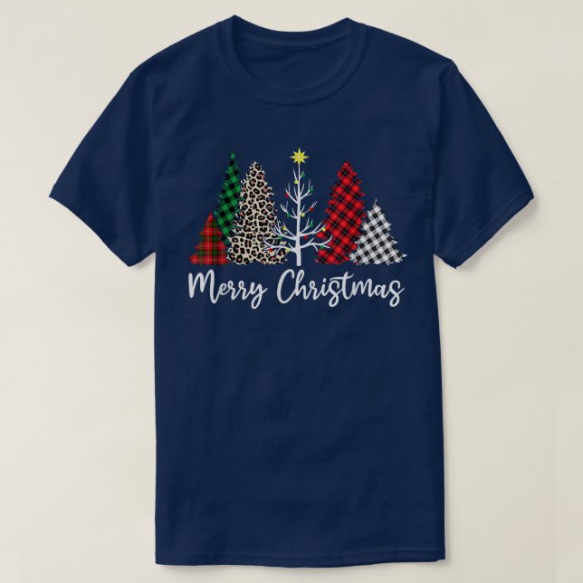 Buffalo Plaid Leopard Christmas Tree Xmas Lights P T-Shirt (Design Front)