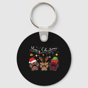 Buffalo Plaid Leopard Dog Paws Merry Christmas Lig Key Ring