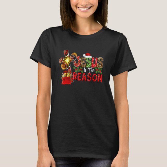 Buffalo Plaid Leopard Jesus Is The Reason Christma T-Shirt (Front)